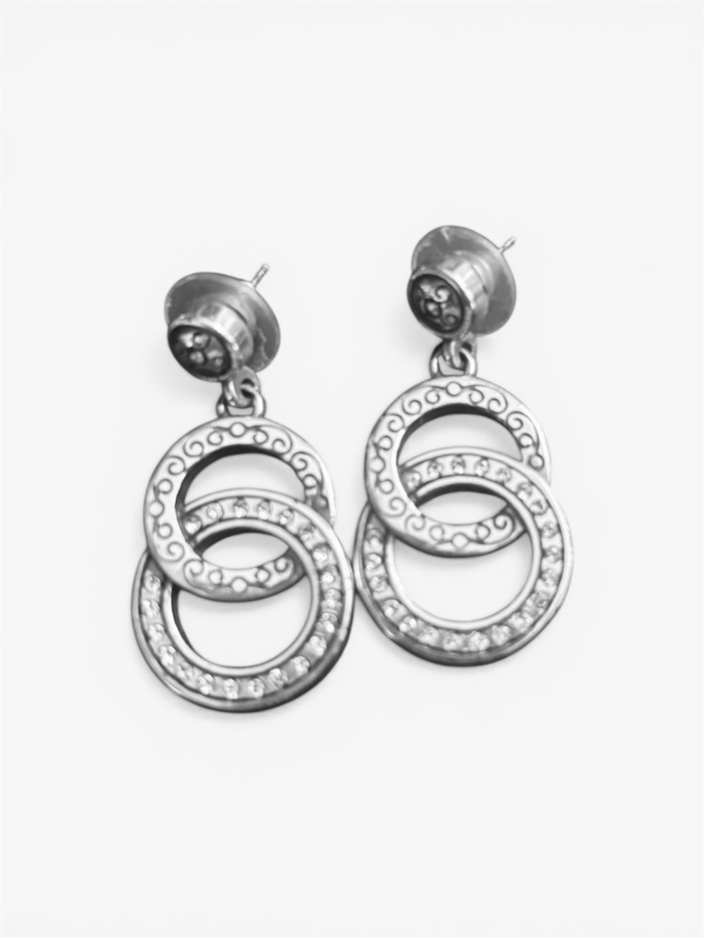 Brighton Elegant Silver Double Hoop Drop Earrings with Crystal Accents
